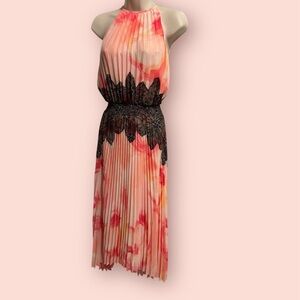 White House Black Market Peach and Black Floral  Pleated Dress with lace accent